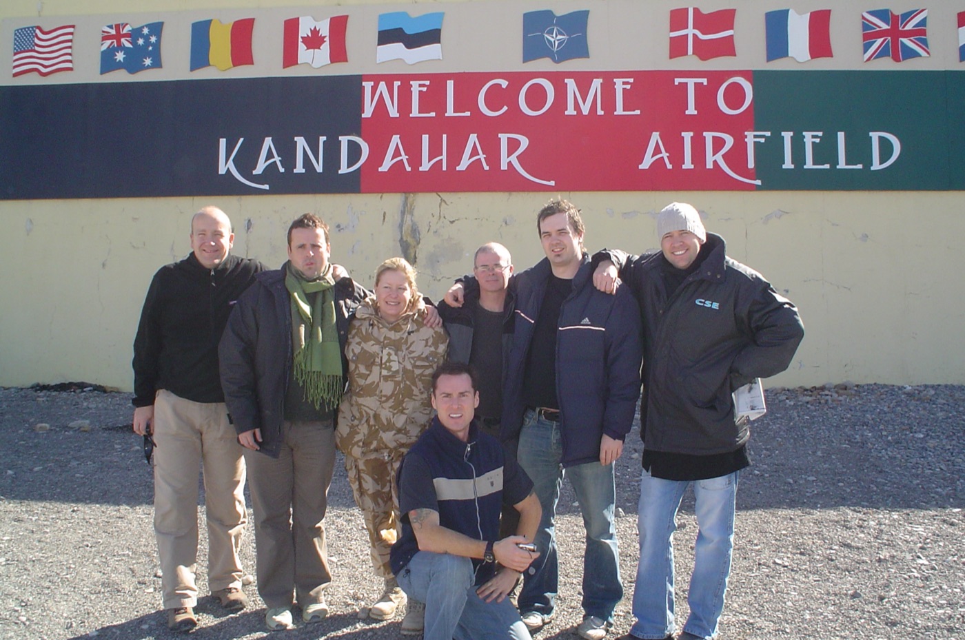 Andy Askins with a comedy tour party at Kandahar Airfield, Afghanistan