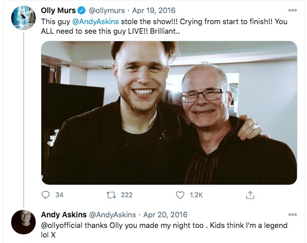 Olly Murs' tweet praising Andy Askins: 'This guy stole the show!!! Crying from start to finish!! You ALL need to see this guy LIVE!! Brilliant..'